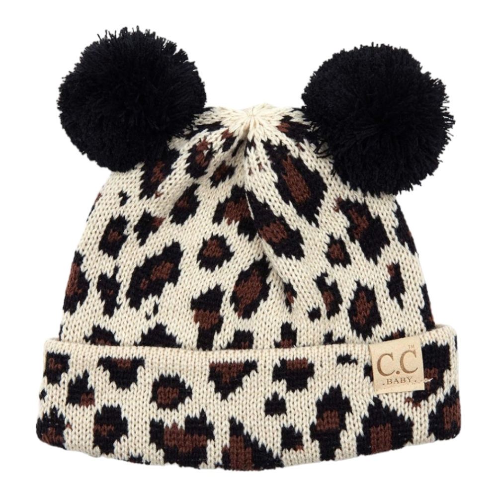 Girlie Girl Originals Pom Pom Beanie| Beige Leopard| Size 0-9M